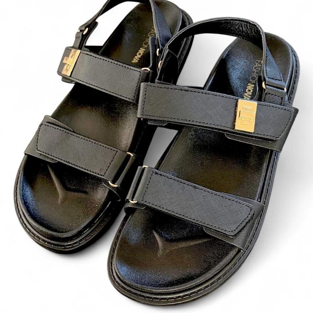 Fashion Nova Women's Black Sandals With Gold Detail Size 11